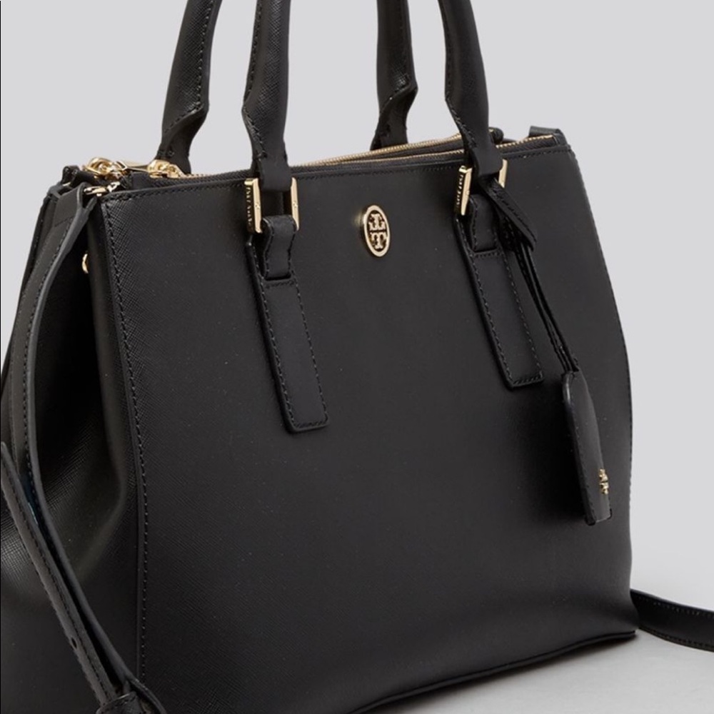 Tory Burch Black Robinson Double Zip Tote Bag, 14L x 10H x 6W
